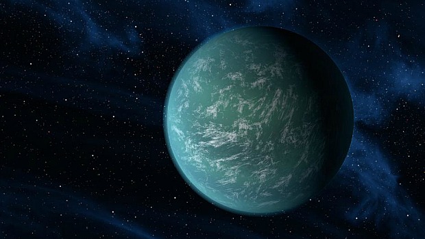 A concepção artística ilustra o Kepler-22b, um planeta que está na zona habitável de sua estrela: uma região onde a água líquida, necessária a formação de vida na Terra, poderia existir. Os cientistas ainda não sabem se o planeta é gasoso ou rochoso, mas é possível que ele tenha nuvens em sua atmosfera, como mostra a ilustração