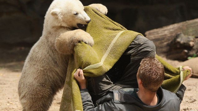 <p>Knut com outro tratador, Marcus Roebke, no zoológico </p>