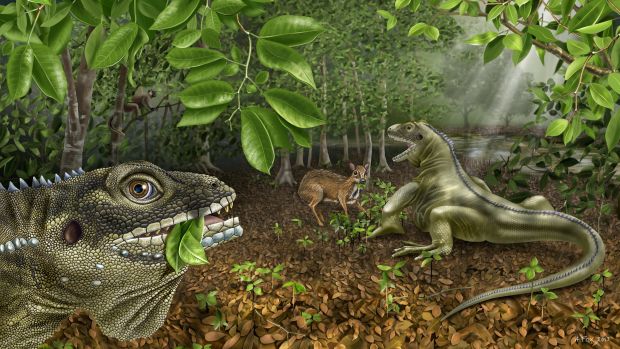 Ilustração que representa o lagarto gigante 'Barbaturex morrisoni', animal de mais de 40 milhões de anos. Fóssil, que acaba de ser encontrado por americanos, foi batizado em homenagem a Jim Morrison
