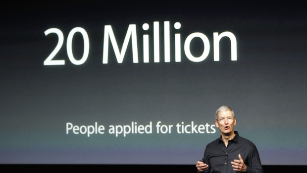Tim Cook durante apresentação da Apple em Cupertino, nos Estados Unidos