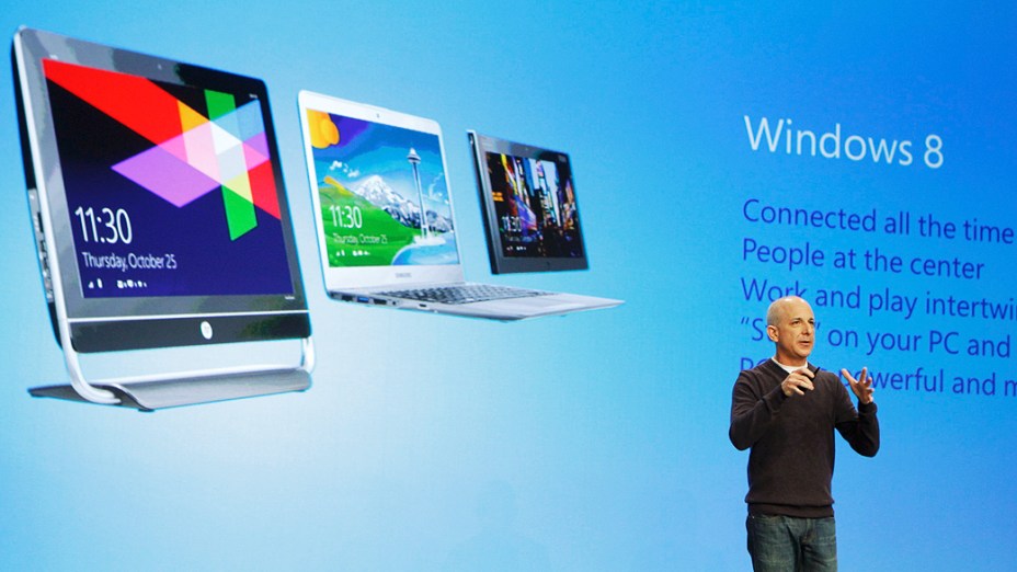 Steven Sinofsky, presidente da divisão Windows e Windows Live da Microsoft, fala em evento de lançamento do sistema operacional Windows 8, em Nova York