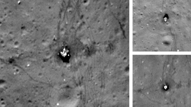 <p>Imagens da direita mostram a região de pouso da missão Apollo 17 antes da sonda ser adaptada, a 50 quilômetros de distância da superfície lunar. A imagem da esquerda foi capturada a uma distância de apenas 21 quilômetros.</p>