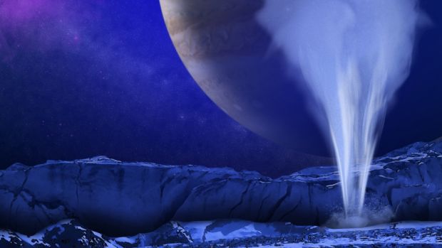 Concepção artística do vapor de água na superfície da lua Europa