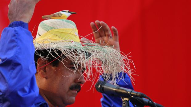 Depois de dizer que Hugo Chávez apareceu para ele na forma de um passarinho, o candidato oficialista Nicolás Maduro usa chapéu com um pássaro durante ato de campanha no estado de Vargas