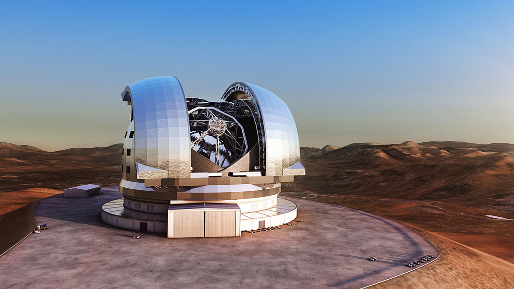 O Observatório Europeu do Sul (ESO) apresenta ilustração do European Extremely Large Telescope (E-ELT), que será o maior telescópio óptico infravermelho no mundo localizado em Cerro Armazones, uma montanha 3.060 metros no deserto de Atacama, Chile