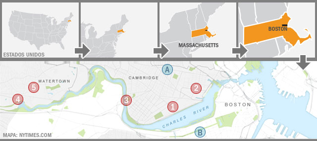 Mapa com o caminho da polícia atrás dos suspeitos pelo atentado em Boston