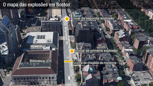 mapa do local das explosões na maratona de Boston