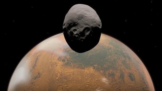 Concepção artística do planeta Marte com sua maior lua, Fobos, à frente. O satélite natural é o destino da sonda russa