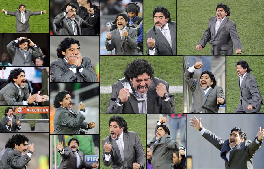 O técnico da Argentina, Diego Maradona, durante as partidas da primeira fase da Copa do Mundo