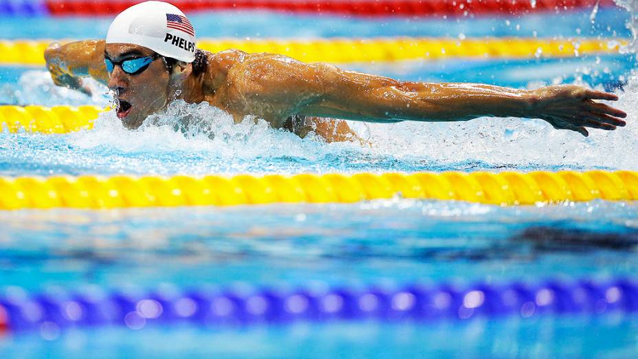 O nadador americano Michael Phelps durante eliminatória dos 200 m borboleta no Centro de Esportes Aquáticos, em 30/07/2012