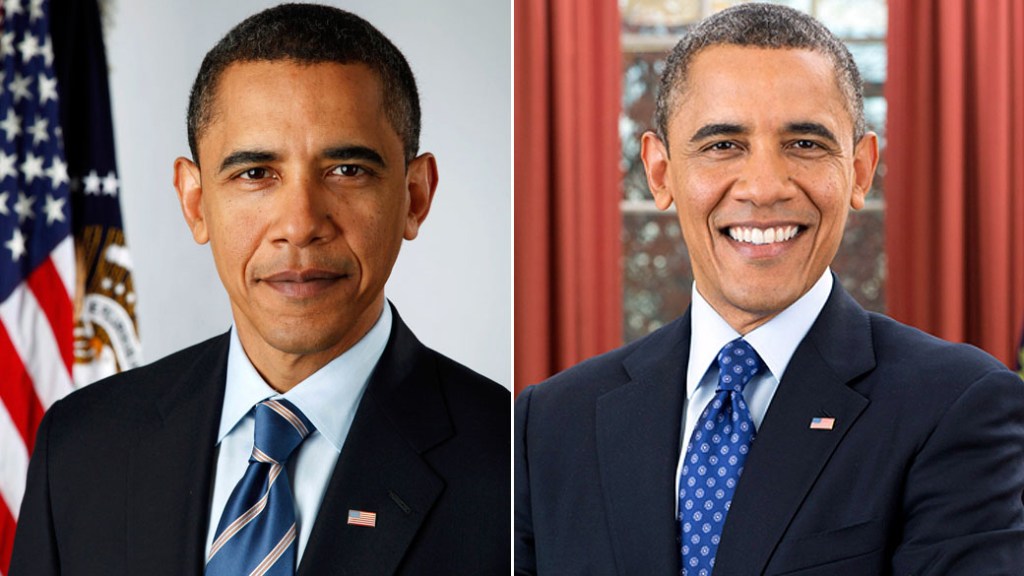 Retratos oficiais do primeiro e segundo mandatos de Barack Obama, imagem de 2009 à esquerda e de hoje, à direita