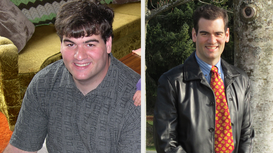 À esquerda: Ben Williams em 2010, antes da cirurgia de redução de peso, pesando 145 quilos. À direita: foto atual do canadense, 50 quilos mais magro