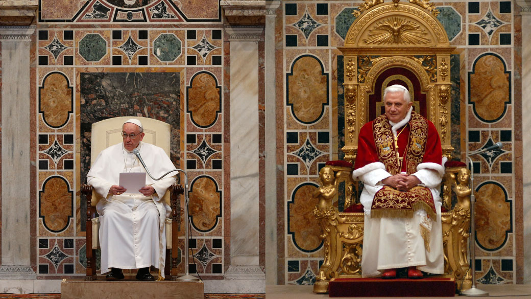 Montagem dos tronos de Bento XVI e papa Francisco