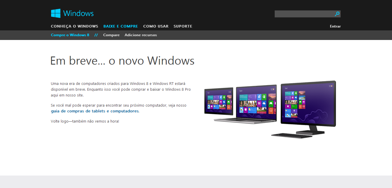Site de compra do novo Windows 8 Pro está indisponível
