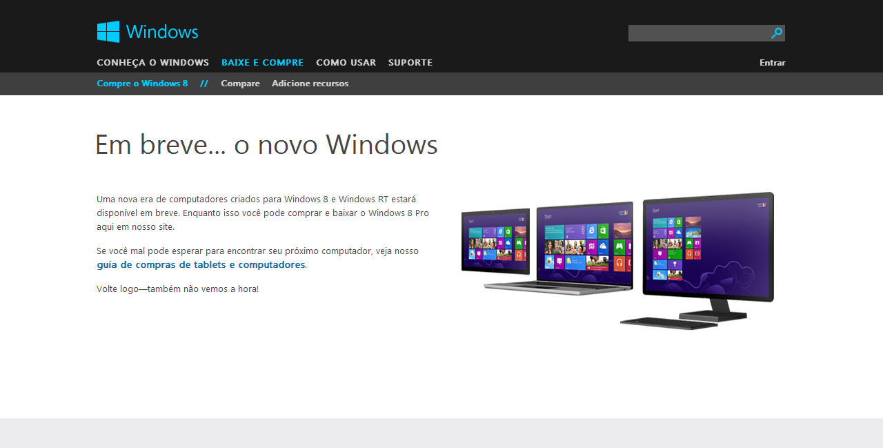 Site de compra do novo Windows 8 Pro está indisponível