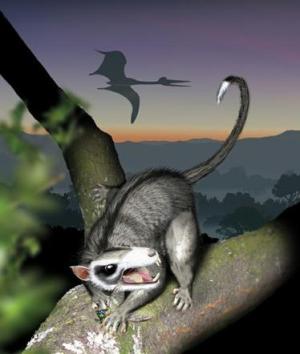 Concepção artística mostra um multiberculado em seu habitat natural na época dos dinossauros