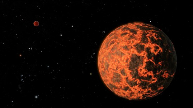 Concepção artística mostra o UCF 1.01, um candidato a exoplaneta a 33 anos-luz da Terra. Astrônomos acreditam que ele é coberto por lava