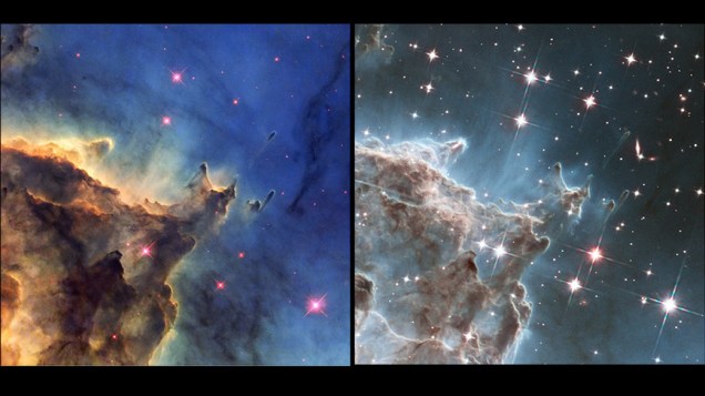 <p>Comparação da Nebulosa Cabeça de Macaco, captada em 2001 (à esquerda) e da nova imagem (à direita). A visão infravermelha possibilita a visão de mais detalhes  </p>