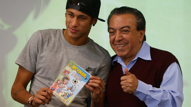 Neymar e Mauricio de Sousa durante lançamento de gibi do jogador, em Santos