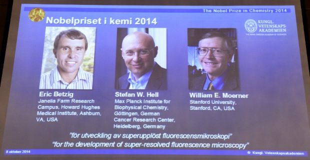 Os vencedores do Prêmio Nobel de Química 2014:  Eric Betzig, Stefan W. Hell e William E. Moerner