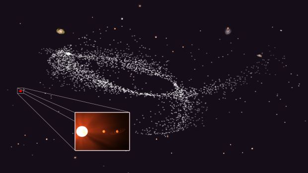 Cientistas acreditam que a estrela Kapteyn (ponto vermelho à esquerda) foi ejetada de uma galáxia anã que se integrou à Via Láctea
