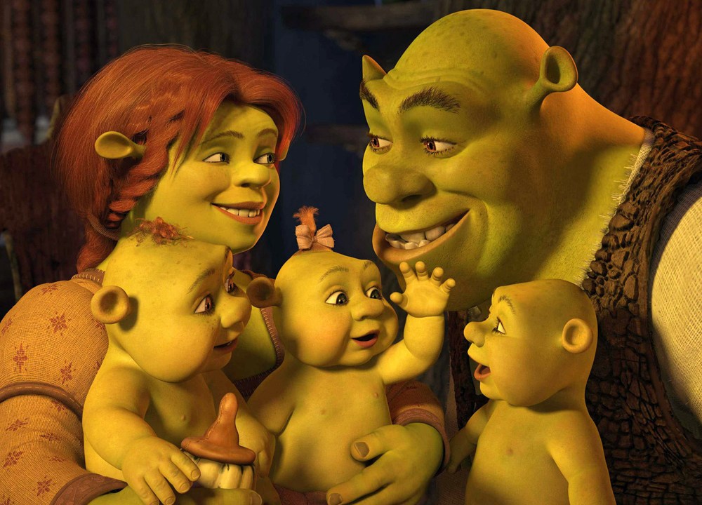 O personagem Shrek e sua família, parte do elenco da DreamWorks