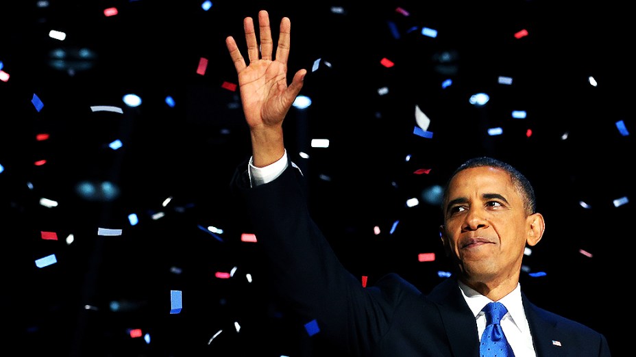 O presidente reeleito dos Estados Unidos, Barack Obama, durante o discurso da vitória no quartel general de sua campanha em Chicago, Illinois (EUA)