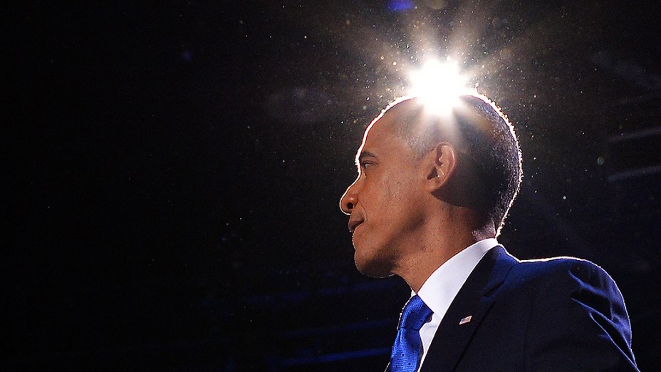 O presidente reeleito dos Estados Unidos, Barack Obama, durante o discurso da vitória no quartel general de sua campanha em Chicago, Illinois (EUA)