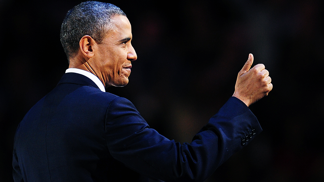 O presidente reeleito dos Estados Unidos, Barack Obama, durante o discurso da vitória no quartel general de sua campanha em Chicago, Illinois (EUA)
