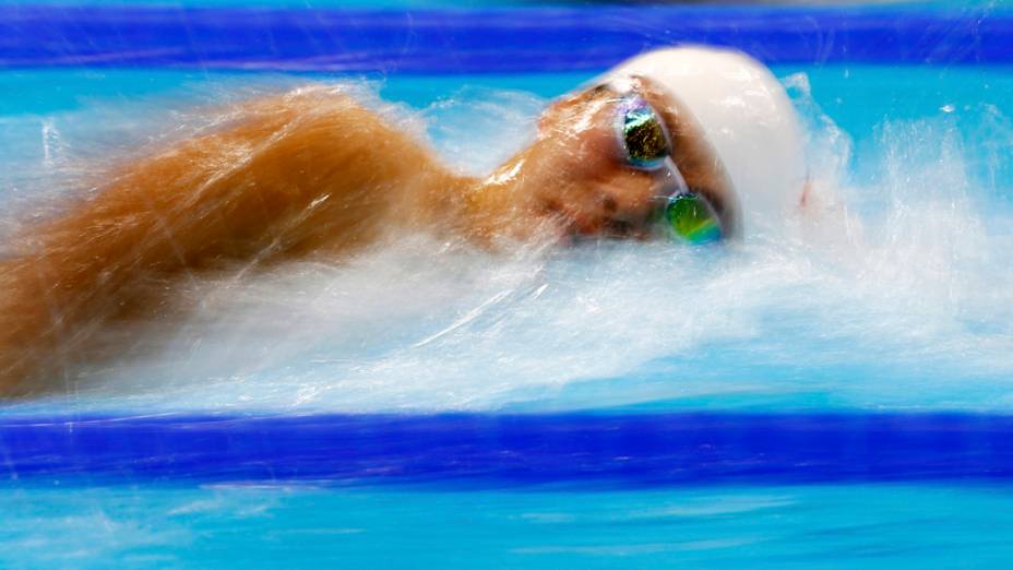 O chinês Sun Yang medalha de ouro nos 400m livres durante os Jogos Olímpicos de Londres, em 28/07/2012