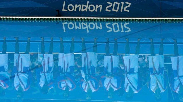 Time de pólo aquático da Grã-Bretanha antes de partida contra a Sérvia, em 31/07/2012