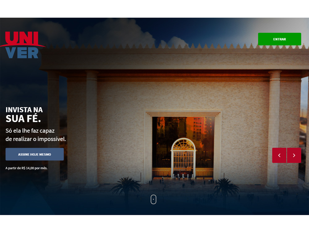 Página de entrada do canal Univer, serviço de streaming da Igreja Universal