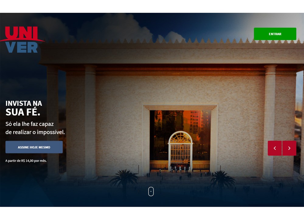 Página de entrada do canal Univer, serviço de streaming da Igreja Universal