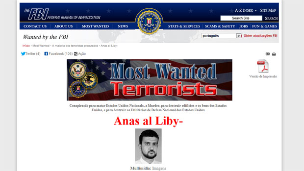 Reprodução da página do FBI onde al Libi figura entre os terroristas mais procurados dos Estados Unidos: recompensa de 5 milhões de dólares