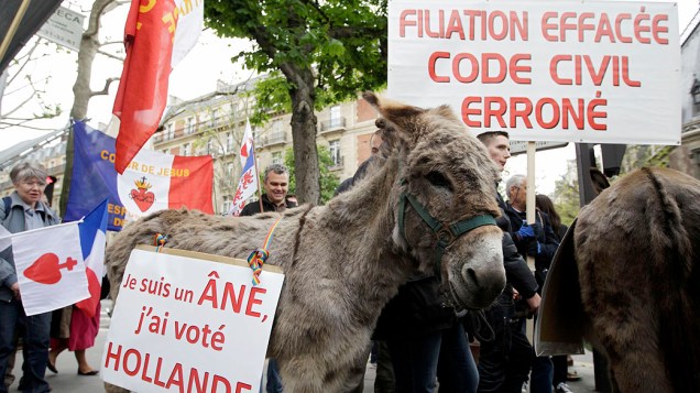 Fundamentalistas  participam de uma marcha de protesto chamado "La Manif pour tous" (demonstração para todos), contra legalização do casamento do mesmo sexo, juntamente com um burro com um cartaz onde se lê: "Eu sou um idiota, eu votei para Hollande", na França