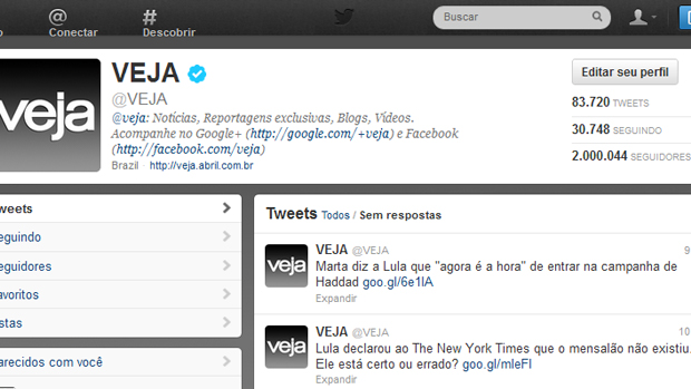 Perfil de VEJA no Twitter: 2 milhões de seguidores