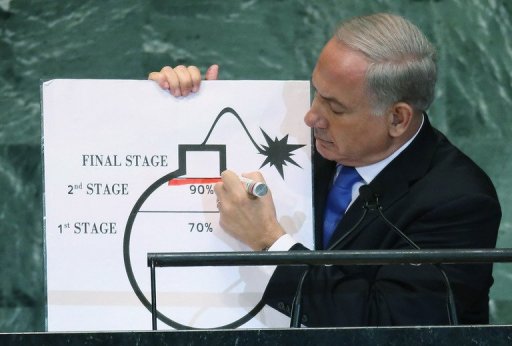 Primeiro-ministro de Israel ilustra a possibilidade do Irã produzir uma bomba nuclear na Assembleia Geral da ONU
