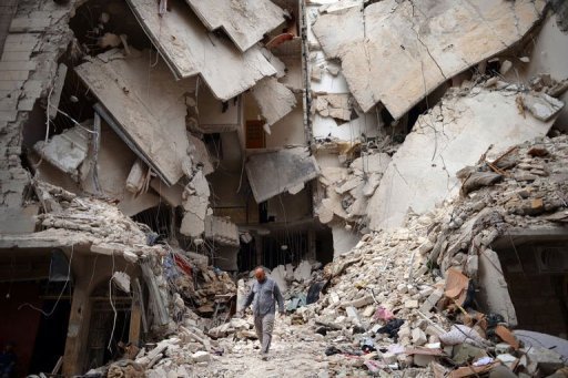 Destruição causada por um ataque aéreo à cidade síria de Aleppo, em 10 de abril