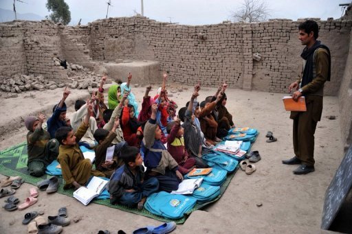 Professor e crianças no dia 30 de janeiro em Jalalabad