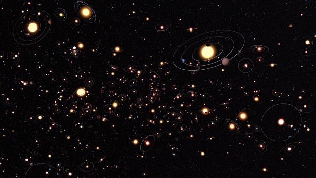 A imagem mostra uma concepção artística de como planetas orbitando estrelas são comuns na Via Láctea. Os planetas, órbitas e estrelas não estão em escala.