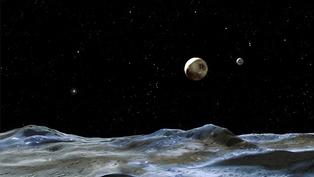 Concepção artística mostra como seria enxergar Plutão a partir da lua Hidra, descoberta em 2005 pelo telescópio Hubble