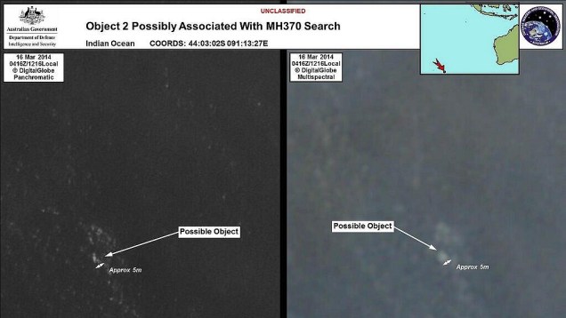 <p>Imagem feita por satélite divulgada pelo governo da Austrália mostra possível destroço do voo MH370 da Malaysia Airlines no Oceano Índico</p>