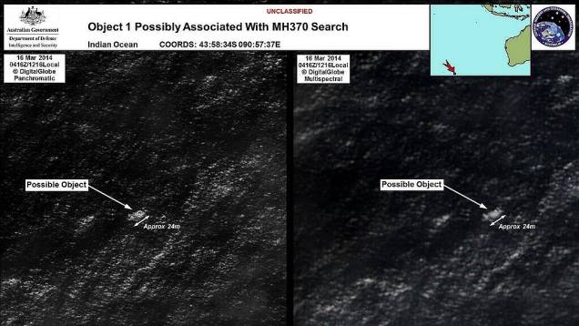 <p>Imagem feita por satélite divulgada pelo governo da Austrália mostra possível destroço do voo MH370 da Malaysia Airlines no Oceano Índico</p>