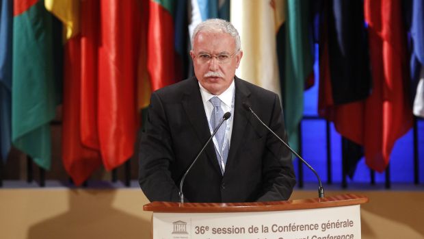 Riyad al-Malki, chanceler palestino, discursa durante cerimônia em que Palestina foi aceita como membro da Unesco