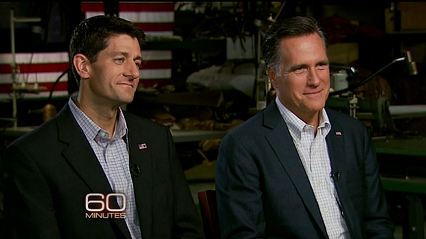 Paul Ryan (à direita) e Mitt Romney durante a entrevista ao "60 Minutes"