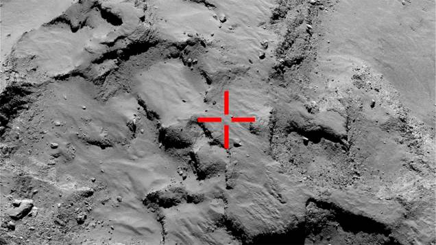 Imagem feita pelo robô Philae na aproximação ao local escolhido pelos cientistas da Missão Internacional Rosetta para o pouso no cometa 67P/Churyumov-Gerasimenko