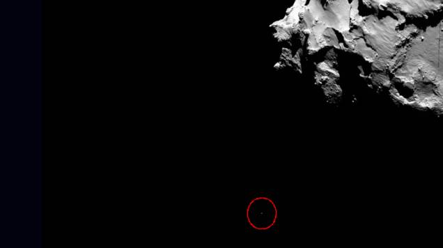 Imagem capturada pela sonda Rosetta mostra Philae descendo rumo ao pouso no cometa 67P/Churyumov-Gerasimenko