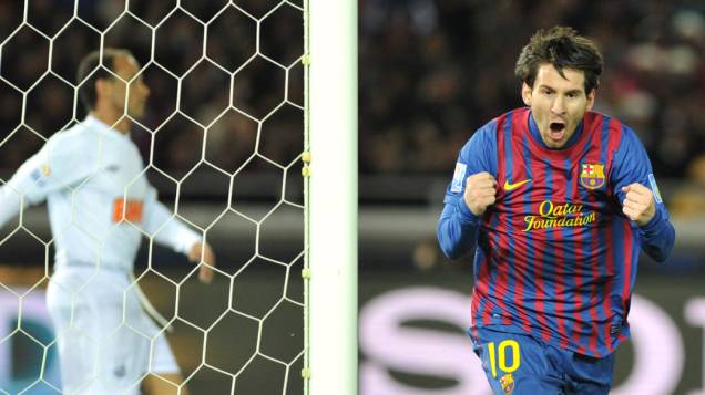 Lionel Messi, do Barcelona, comemora gol contra o Santos, durante a final do Mundial de Clubes - 18/12/2011