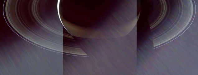 Tríptico da luz do Sol em Saturno. Mosaico feito com imagens da sonda Cassini, em outubro de 2006