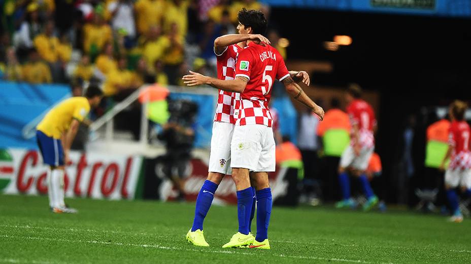 Jogadores da Croácia comemoram gol contra o Brasil no Itaquerão, em São Paulo